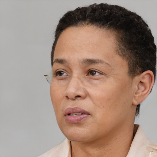 Neutral black adult female with short  brown hair and brown eyes