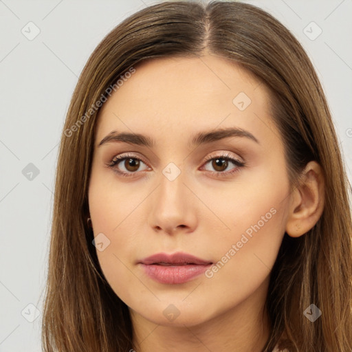 Neutral white young-adult female with long  brown hair and brown eyes