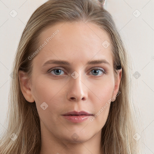 Neutral white young-adult female with long  brown hair and grey eyes