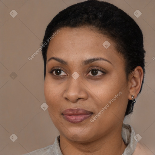 Joyful latino young-adult female with short  brown hair and brown eyes
