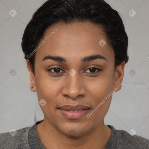 Joyful latino young-adult female with short  black hair and brown eyes