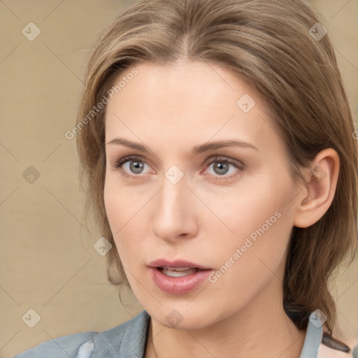 Neutral white young-adult female with medium  brown hair and grey eyes