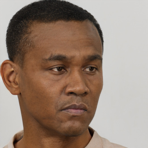 Neutral black adult male with short  brown hair and brown eyes