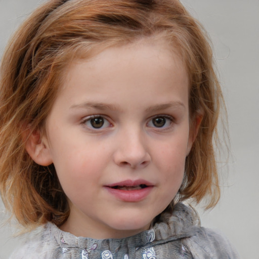 Neutral white child female with medium  brown hair and blue eyes