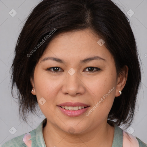 Joyful white young-adult female with medium  brown hair and brown eyes