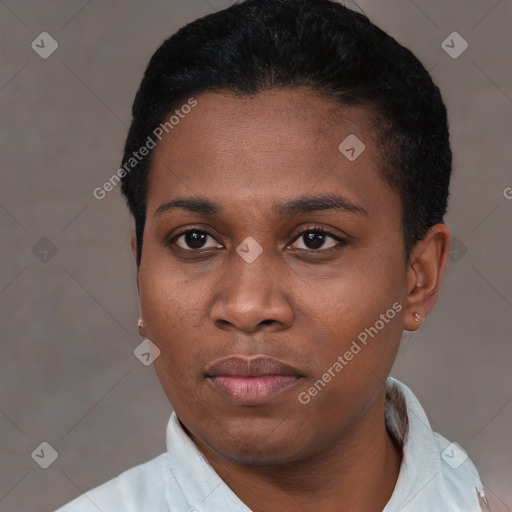 Neutral black young-adult female with short  black hair and brown eyes