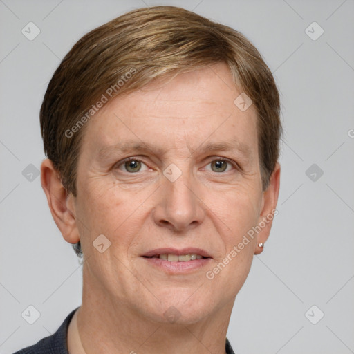 Joyful white adult male with short  brown hair and grey eyes