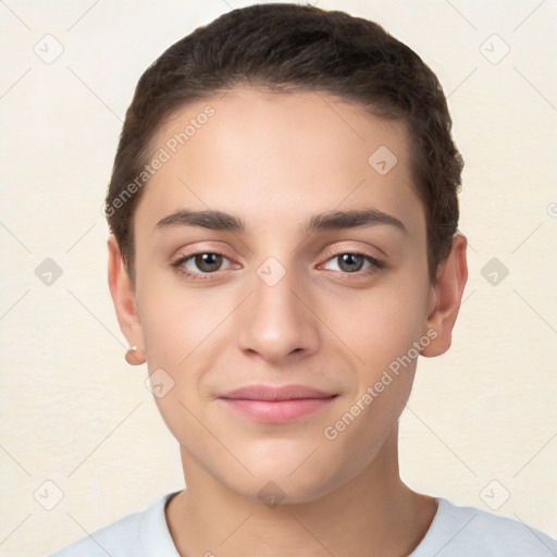 Joyful white young-adult female with short  brown hair and brown eyes