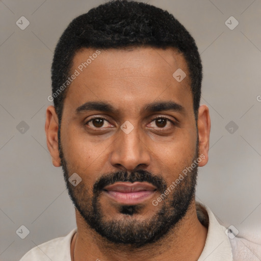 Joyful black young-adult male with short  black hair and brown eyes