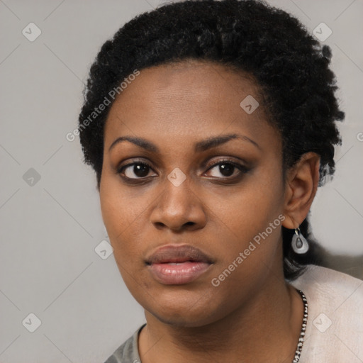 Neutral black young-adult female with short  black hair and brown eyes