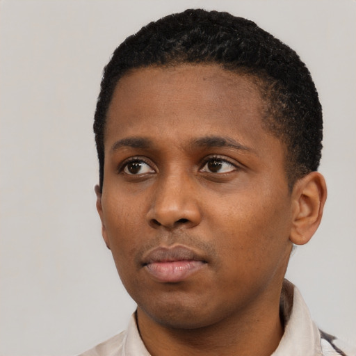 Neutral black young-adult male with short  black hair and brown eyes