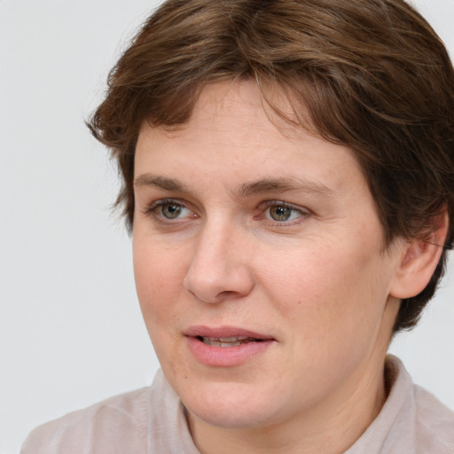 Joyful white adult female with short  brown hair and grey eyes