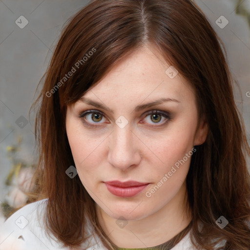 Neutral white young-adult female with medium  brown hair and brown eyes