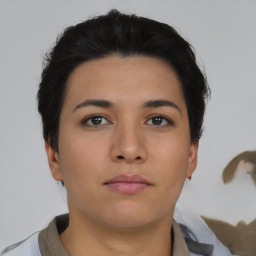 Neutral asian young-adult female with short  brown hair and brown eyes