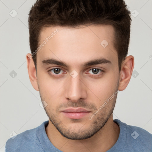 Neutral white young-adult male with short  brown hair and brown eyes