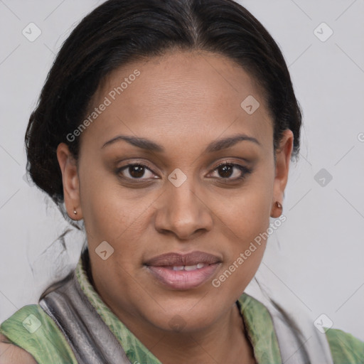 Joyful black young-adult female with medium  brown hair and brown eyes