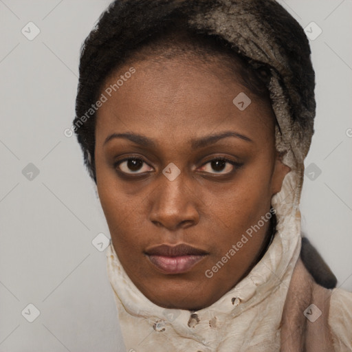 Neutral black young-adult female with short  black hair and brown eyes