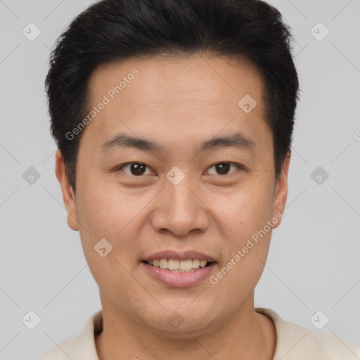 Joyful white young-adult male with short  brown hair and brown eyes