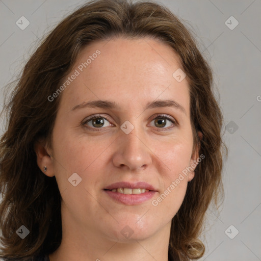 Joyful white young-adult female with medium  brown hair and green eyes