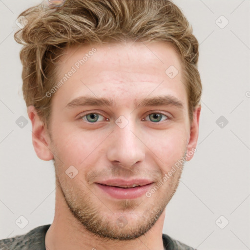 Joyful white young-adult male with short  brown hair and blue eyes