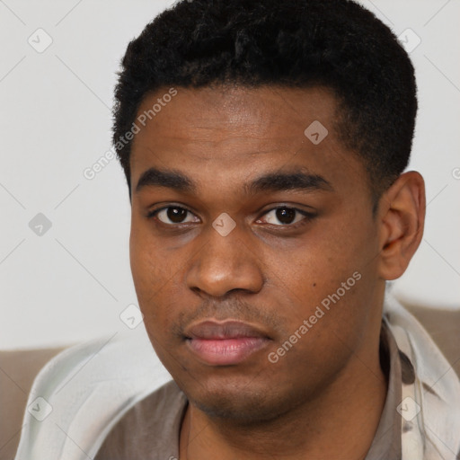 Neutral black young-adult male with short  black hair and brown eyes