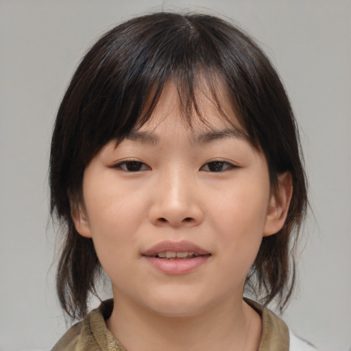 Neutral asian young-adult female with medium  brown hair and brown eyes