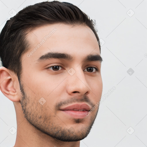 Neutral white young-adult male with short  brown hair and brown eyes