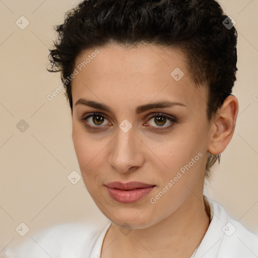 Joyful white young-adult female with short  brown hair and brown eyes