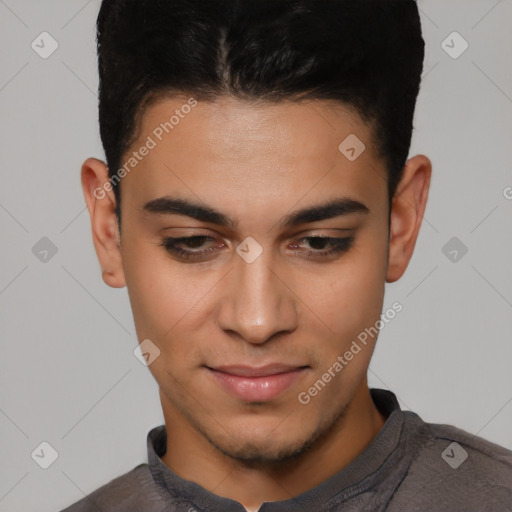 Joyful latino young-adult male with short  black hair and brown eyes