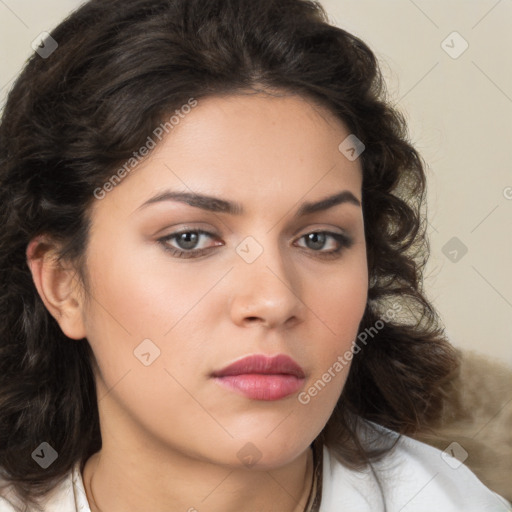 Neutral white young-adult female with medium  brown hair and brown eyes