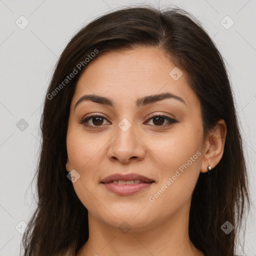 Joyful white young-adult female with long  brown hair and brown eyes