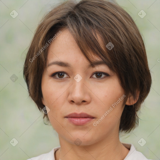 Neutral white young-adult female with medium  brown hair and brown eyes