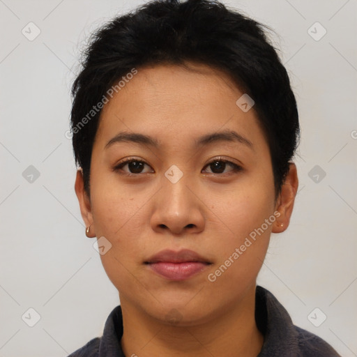 Neutral asian young-adult female with short  black hair and brown eyes