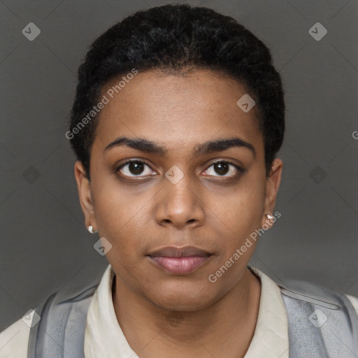 Neutral black young-adult female with short  black hair and brown eyes