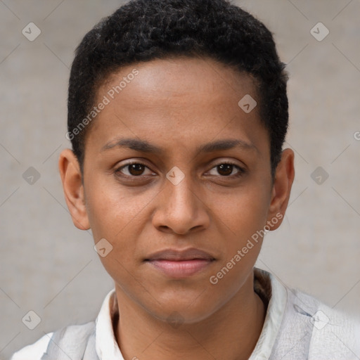 Joyful black young-adult male with short  brown hair and brown eyes