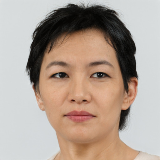 Neutral asian adult female with short  brown hair and brown eyes