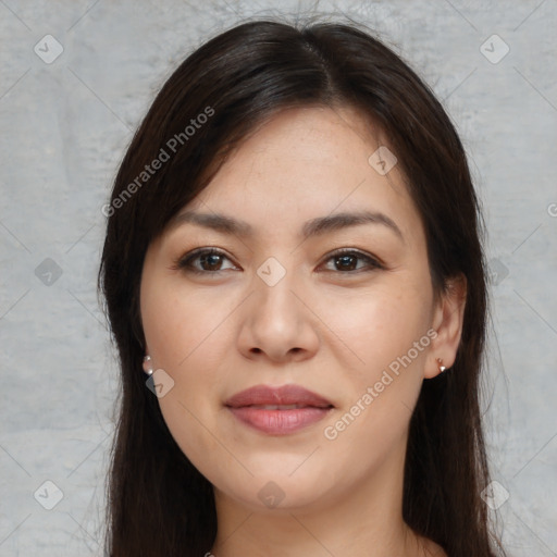 Joyful white young-adult female with long  brown hair and brown eyes