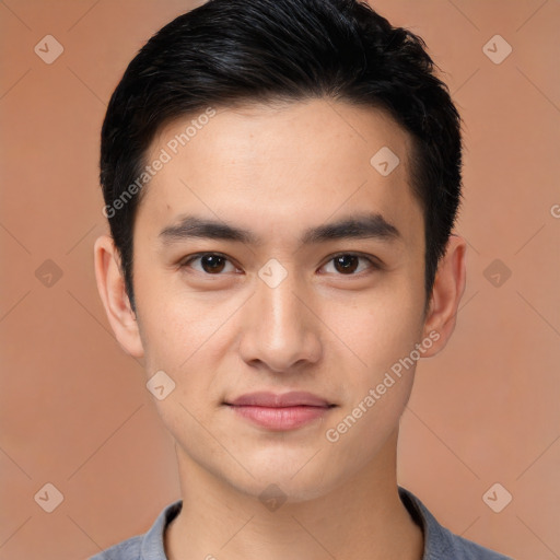 Joyful white young-adult male with short  black hair and brown eyes