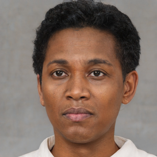 Neutral black adult male with short  black hair and brown eyes
