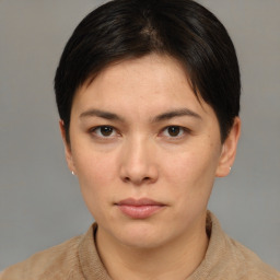 Neutral white young-adult female with short  brown hair and brown eyes