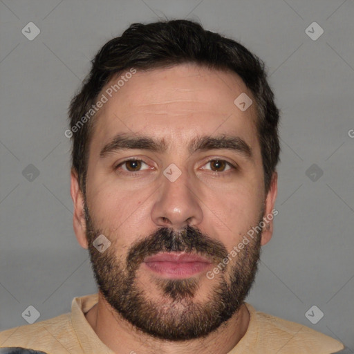 Neutral white adult male with short  brown hair and brown eyes