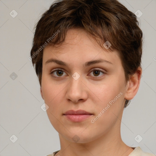 Neutral white young-adult female with short  brown hair and brown eyes