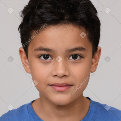 Joyful white child male with short  brown hair and brown eyes