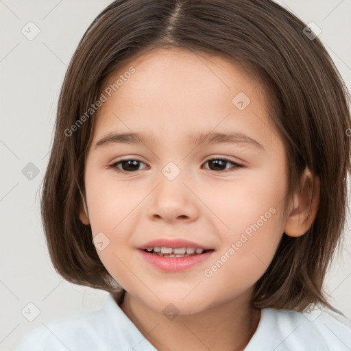 Joyful white child female with medium  brown hair and brown eyes