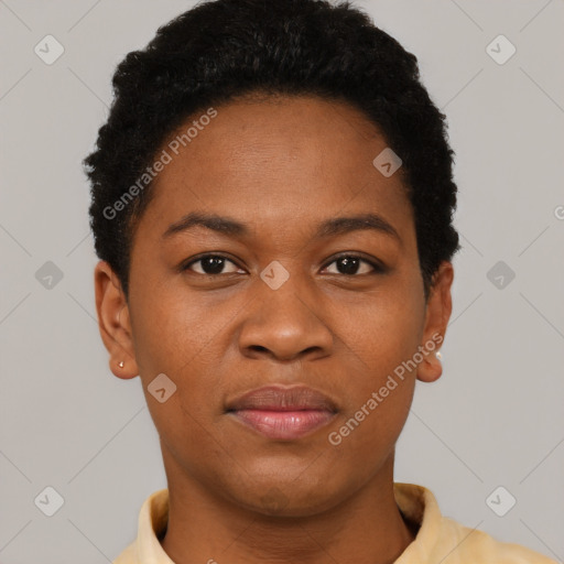 Joyful black young-adult female with short  black hair and brown eyes