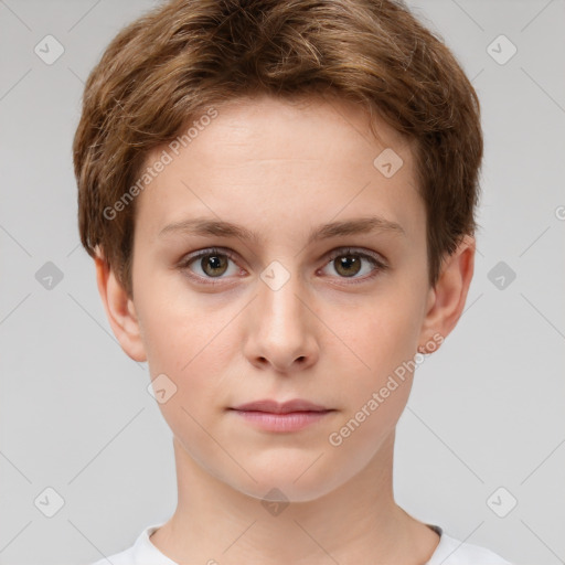 Neutral white young-adult female with short  brown hair and brown eyes