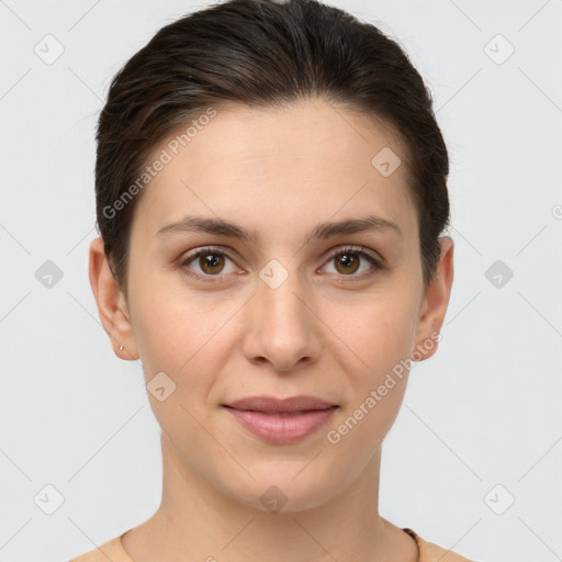 Joyful white young-adult female with short  brown hair and brown eyes