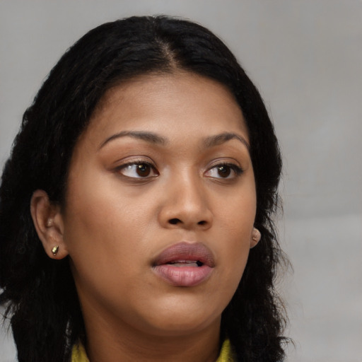 Neutral asian young-adult female with long  brown hair and brown eyes