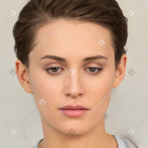 Neutral white young-adult female with short  brown hair and brown eyes