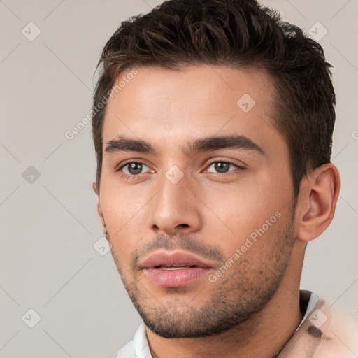 Neutral white young-adult male with short  brown hair and brown eyes